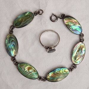 Vintage Silver Abalone Bracelet Ring Set